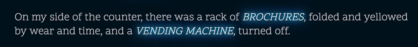 Cactus Blue Motel game text describing a counter with clickable highlighted words BROCHURES and VENDING MACHINE