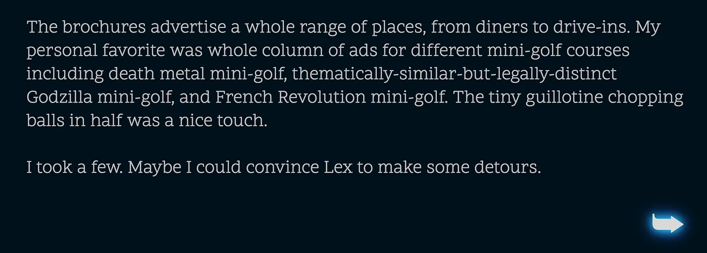 Cactus Blue Motel brochure digression page describing mini-golf courses, with a forward arrow for navigation