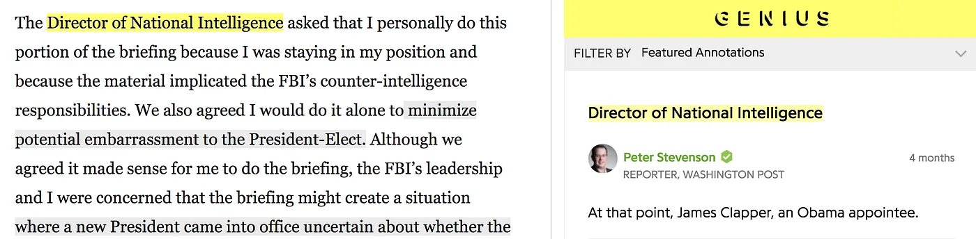 Genius annotation interface on a Washington Post article, with yellow-highlighted text on the left and a sidebar annotation by a verified reporter on the right