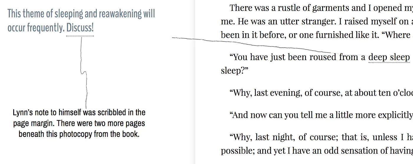 Two marginal annotations in different fonts stacked vertically and connected by a line, with a red note reading 'This theme of sleeping and reawakening will occur frequently. Discuss!'