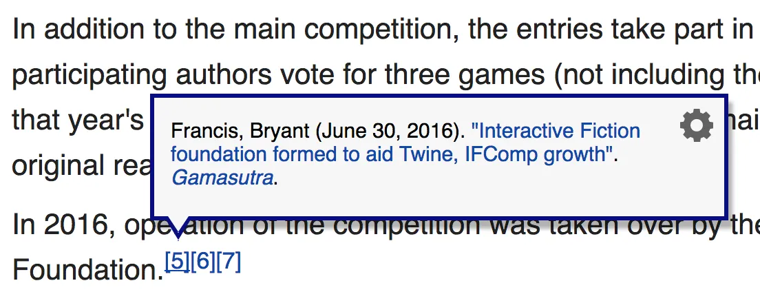Wikipedia article text with a citation popup overlay showing a Gamasutra article reference