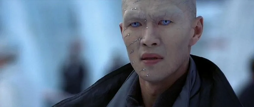 The villain Zao, face scarred with embedded diamonds and pale blue eyes, in Die Another Day
