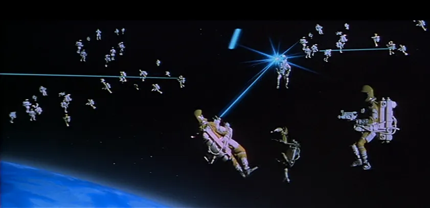 Astronauts fire laser beams at each other in zero gravity during Moonraker's climactic space battle