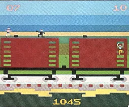The unreleased Octopussy video game, showing a pixelated figure running atop a train