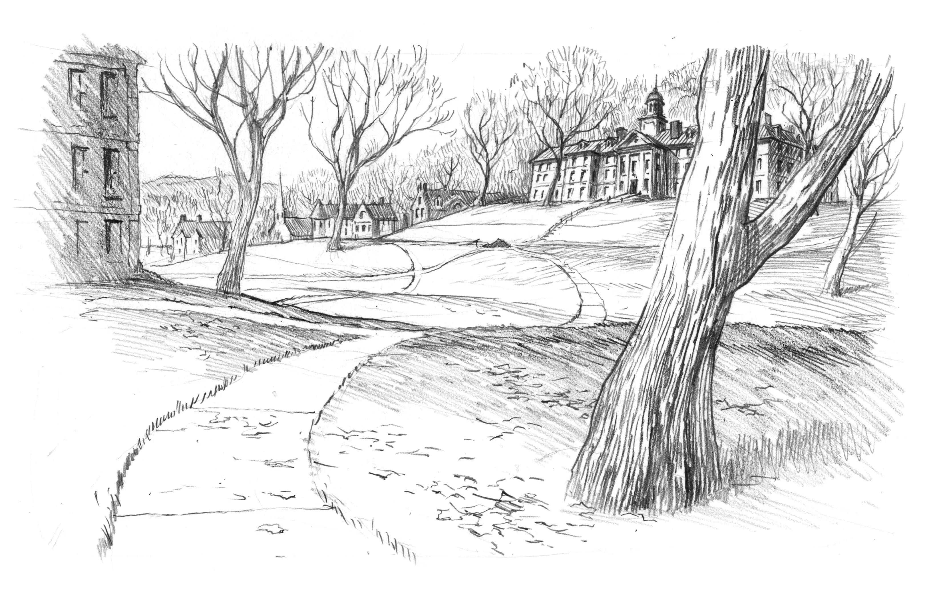 Pencil sketch of a university quad