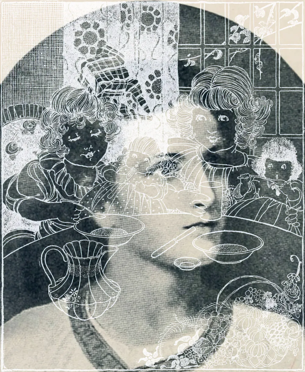 Composite artwork: overlapping illustrations of figures, pottery, and floral patterns from historic book plates