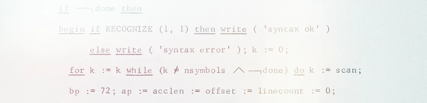 Pseudocode from an early syntax checking program, with keywords like 'if', 'begin', 'RECOGNIZE', and 'write' in a monospaced typeface