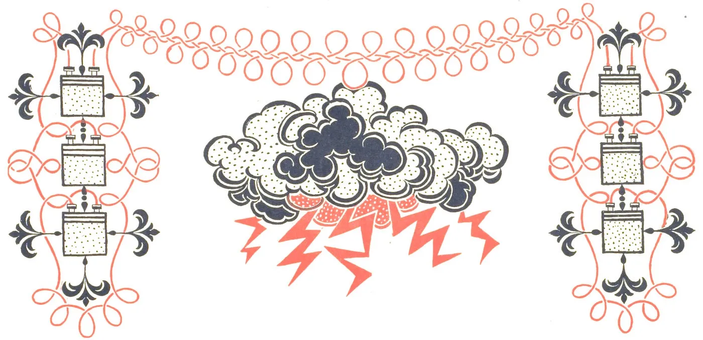 Vintage decorative illustration: a thundercloud with red lightning bolts, flanked by ornamental borders with laboratory flasks, in red and navy ink