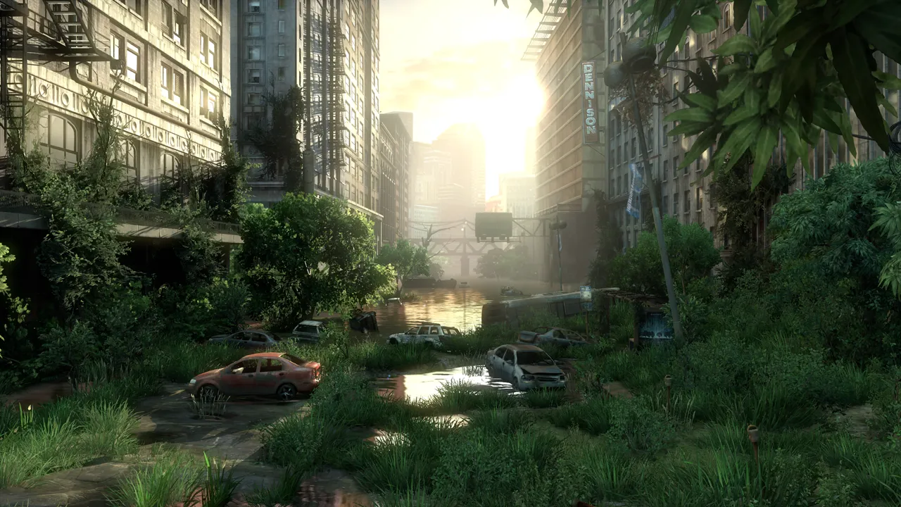 A flooded city street from The Last of Us reclaimed by nature: abandoned cars half-submerged in water, buildings draped in vines, golden sunlight streaming through the haze