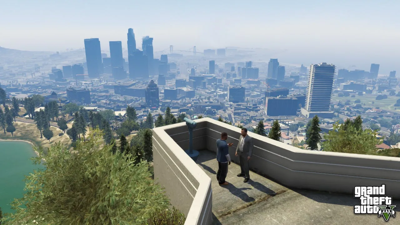 Two characters in GTA V stand at a hillside overlook with a telescope, gazing out at the hazy Los Santos skyline sprawling below