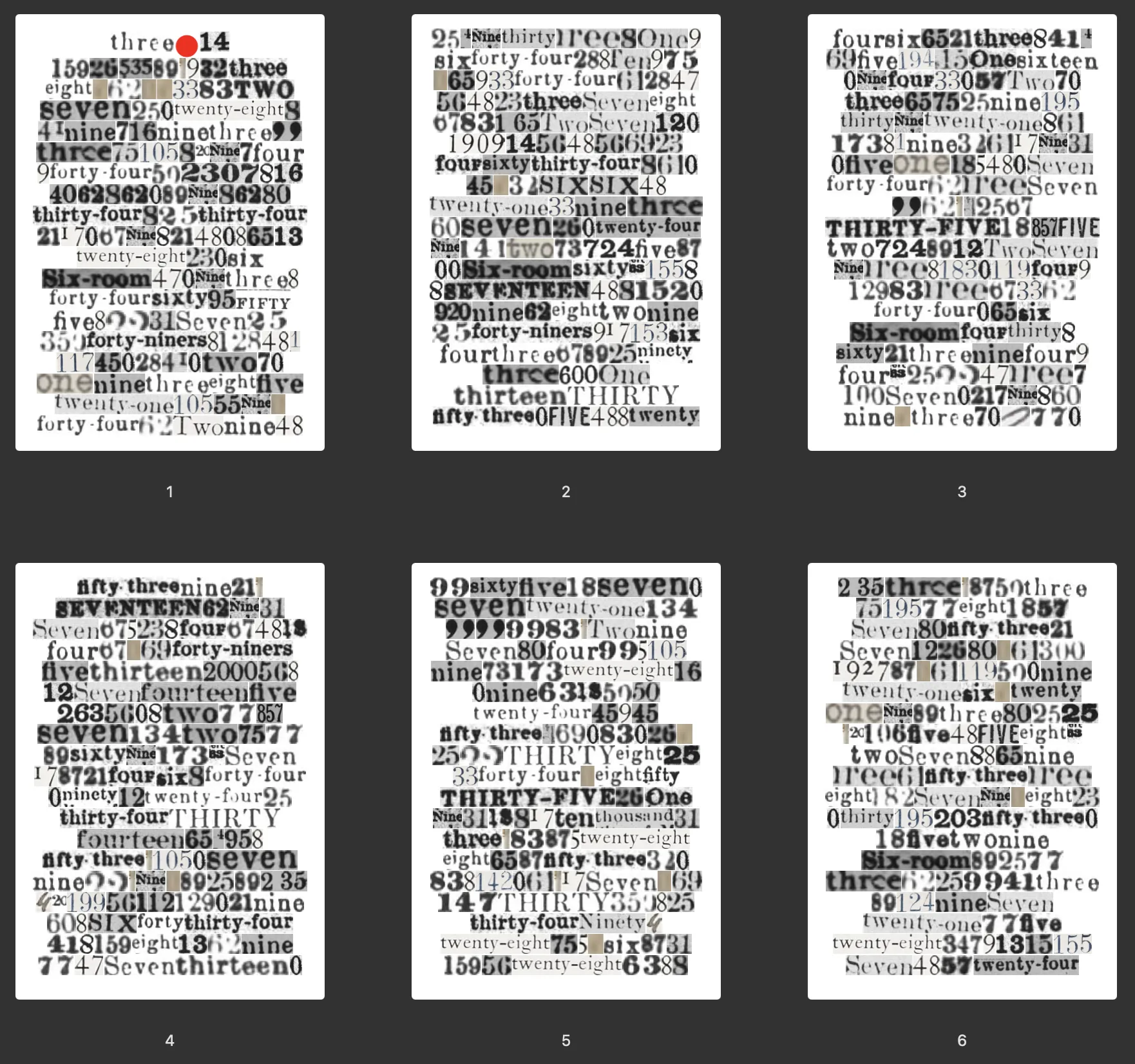 Spreads from the π remix showing digits of pi extracted from historic texts