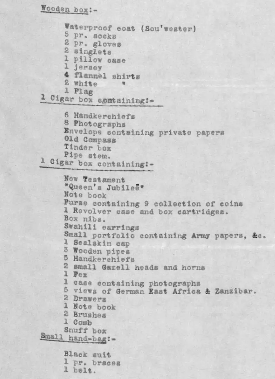 List of personal effects of James Dunn, drowned in Lamu, Kenya on May 14th, 1894; British Foreign Office holdings.