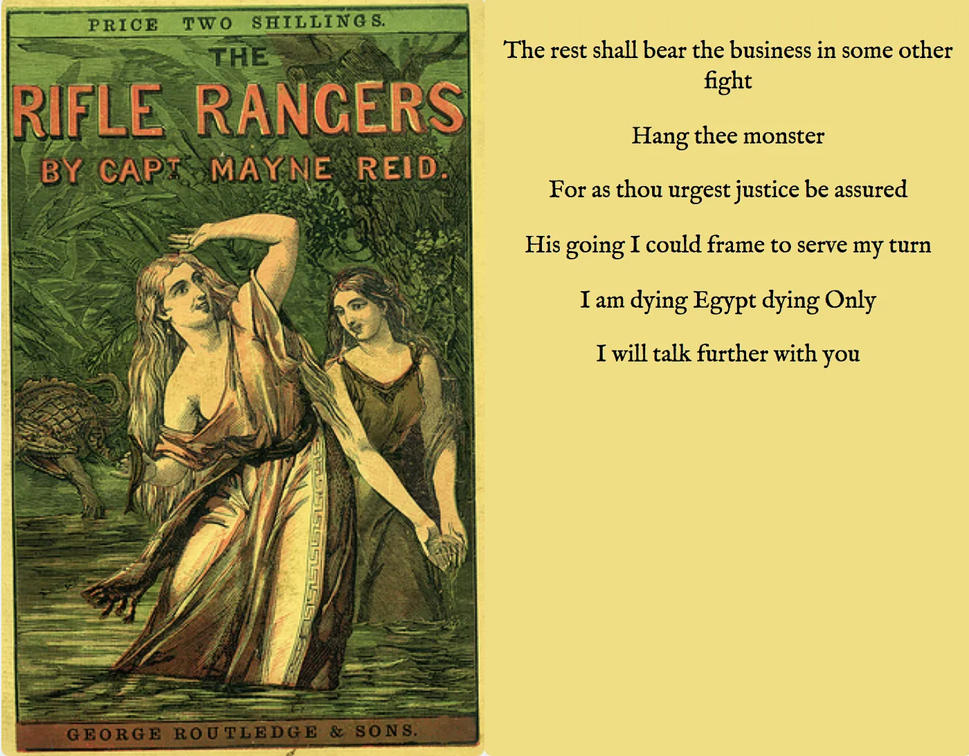 Victorian 'yellowback' book cover of 'The Rifle Rangers' by Capt. Mayne Reid paired with computer-generated Shakespeare quotes like 'Hang thee monster' and 'I am dying Egypt dying Only'